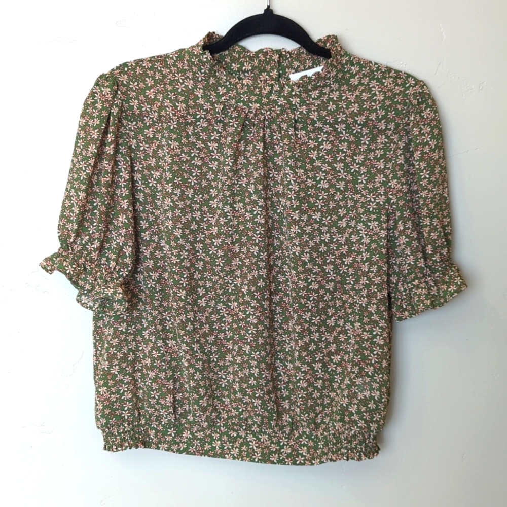 bohme Olive Green Pink Floral Ruffle Neck Blouse